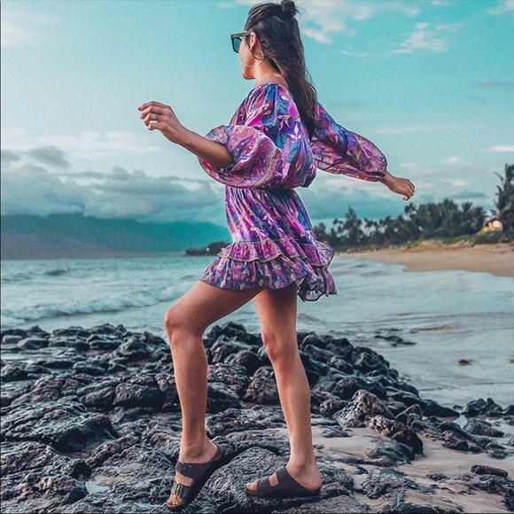 Purple Boho Floral Gypsy Print Dress Long Sleeve - Picture 4 of 16